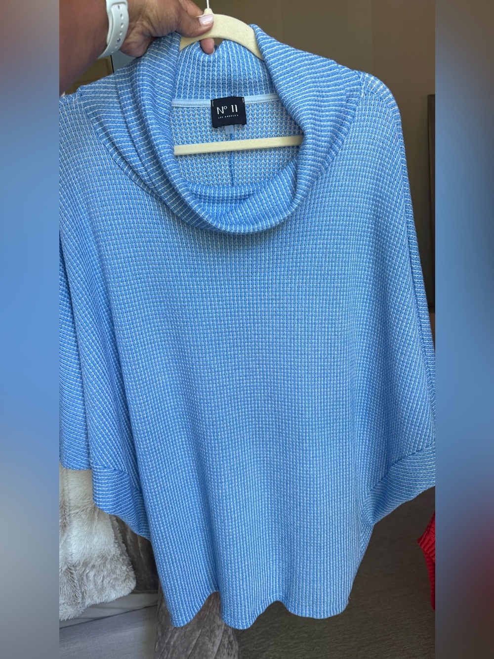 Light Blue Ribbed Cowl Neck Women's Top